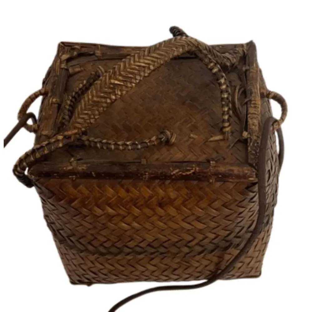 VTG Japanese Bamboo Ikebana Woven Wave Lidded Basket Purse Square Bag